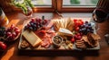 Artisanal Cheese & Charcuterie Platter with Grapes & Tomatoes on Wooden Board