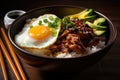 mouth-watering chicken teriyaki donburi bowl with sliced avocado, pickled ginger, and a sunny-side-up egg on top