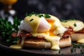 mouth-watering close-up of Eggs Benedict with crispy bacon, fresh chives, and creamy hollandaise sauce drizzled on top of a