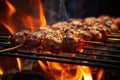 A mouth-watering close-up image showcasing perfectly cooked meat on a grill, with flames adding a sizzling touch, grilled meat