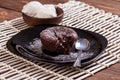 Mouth watering delicious chocolate fondant cake, restaurant serving. Royalty Free Stock Photo