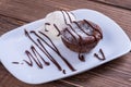 Mouth watering delicious chocolate fondant cake, restaurant serving. Royalty Free Stock Photo