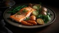 Mouth-watering fish meal with baked salmon, green beans, carrots, and potatoes