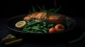 Mouth-watering fish meal with baked salmon, green beans, carrots, and potatoes