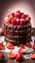 A mouth-watering image of a chocolate cake with fresh strawberries on top, sprinkled with powdered sugar Royalty Free Stock Photo