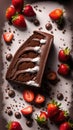 A mouth-watering image of a chocolate cake with fresh strawberries on top, sprinkled with powdered sugar