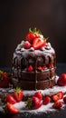 A mouth-watering image of a chocolate cake with fresh strawberries on top, sprinkled with powdered sugar