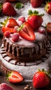 A mouth-watering image of a chocolate cake with fresh strawberries on top, sprinkled with powdered sugar Royalty Free Stock Photo