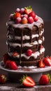 A mouth-watering image of a chocolate cake with fresh strawberries on top, sprinkled with powdered sugar