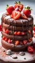 A mouth-watering image of a chocolate cake with fresh strawberries on top, sprinkled with powdered sugar