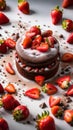 A mouth-watering image of a chocolate cake with fresh strawberries on top, sprinkled with powdered sugar