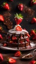 A mouth-watering image of a chocolate cake with fresh strawberries on top, sprinkled with powdered sugar