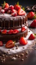 A mouth-watering image of a chocolate cake with fresh strawberries on top, sprinkled with powdered sugar Royalty Free Stock Photo