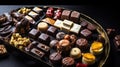 Assorted handmade chocolates, box of candies, bon-bons and truffles made of dark, white and milk chocolate. Delicious dessert Royalty Free Stock Photo