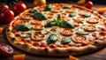 Delicious Margherita Pizza with Tomatoes and Basil on a Wooden Table