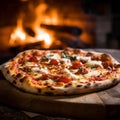 Sizzling Neapolitan Pizza on Wood-Fired Peel at Night