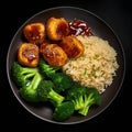 Photo of food on a plate of broccoli, rice and chicken nuggets