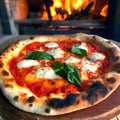 A mouth-watering pizza just out of a wood-fired clay oven, with bubbling cheese and perfectly charred crust.