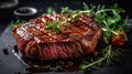 A delicious plate of juicy steak with herbs created with Generative AI