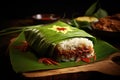 A mouth-watering plate of food, featuring a variety of tempting dishes, set on a table., Nasi Lemak wrapped in a banana leaf,