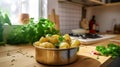 Potato With Herbs On Wooden Table In Kitchen Stock Photo