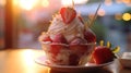 a mouth-watering strawberry sundae with whipped cream and sprinkles golden hour, AI-Generated