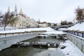 Winter river Vitba and view of Holy Assumption Cathedral and Pushkin Bridge, Vitebsk, Belarus