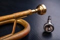 Mouthpiece of an old trumpet covered with patina. Musical instrument shown in magnification Royalty Free Stock Photo