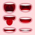 Mouths set with different expressions. Cartoon face elements with emotions - smile, screaming, showing tongue and teeth. Vector.