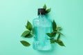 Mouthwash and leaves on mint background