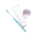 Mouthwash, toothbrush and paste on white background, top view Royalty Free Stock Photo