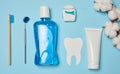 Mouthwash, toothpaste tube, dental floss and medical mirror on a blue background