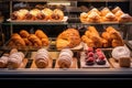 A mouthwatering assortment of various types of pastries beautifully arranged in a display case., A spread of delectable pastries
