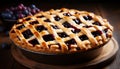 Mouthwatering blueberry pie with a golden brown crust on a delightful rustic wooden background