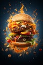 Mouthwatering burger on a solid blue background. Burger is captured in a moment of explosion-like movement, with sauce and small