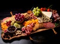 A mouthwatering charcuterie platter showcasing a delicious variety of meats, cheeses, fruits and crackers
