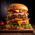 Large burger with cheese and bacon on a wooden table on a black background.