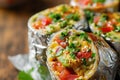 A mouthwatering close-up of a burrito wrapped snugly in foil, perfect for a quick and tasty meal, A close-up of a healthy