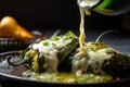 Mouthwatering close-up of a cheesy Chiles Rellenos oozing with melted cheese and drizzled with tangy salsa verde