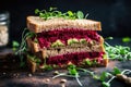 A mouthwatering close up of a freshly made sandwich sitting invitingly on a table, Vegan sandwiches with beetroot hummus, AI