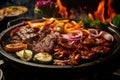 A mouthwatering close up of a grill showcasing a fantastic assortment of grilled meat and vegetables., A sizzling griddle with