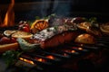 A mouthwatering, close-up image of sizzling meat, vegetables, seafood on a barbecue grill, showcasing the rich, caramelized and