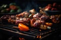 A mouthwatering, close-up image of sizzling meat, vegetables, seafood on a barbecue grill, showcasing the rich, caramelized and