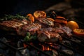 A mouthwatering, close-up image of sizzling meat, vegetables, seafood on a barbecue grill, showcasing the rich, caramelized and