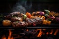 A mouthwatering, close-up image of sizzling meat, vegetables, seafood on a barbecue grill, showcasing the rich, caramelized and