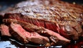 Mouthwatering close up of juicy ribeye steak slices with perfectly cooked and rich flavor