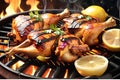A Mouthwatering Close-Up of Juicy Tandoori Chicken Sizzling on a Rustic Charcoal Grill with Smoke Curling Upwards