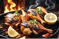 A Mouthwatering Close-Up of Juicy Tandoori Chicken Sizzling on a Rustic Charcoal Grill with Smoke Curling Upwards