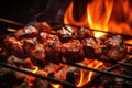 A mouthwatering close-up of sizzling meat on a stick, perfectly grilled to juicy perfection, ready to be devoured, grilled meat