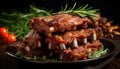 Mouthwatering close up of tasty roasted sliced barbecue pork ribs with juicy sliced meat